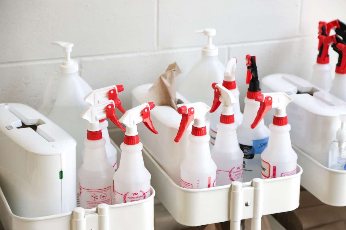 Many cleaning spray bottles