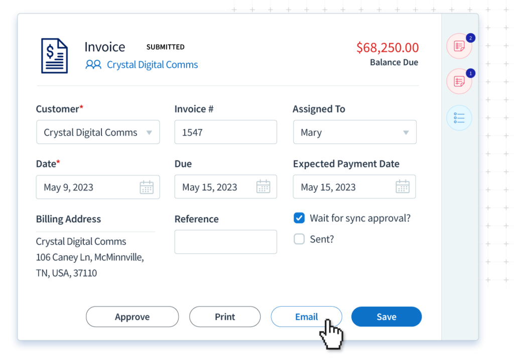 Xero invoice in Method with Email button selected