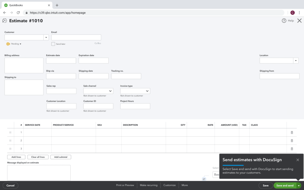 This image shows an estimate template on Quickbook Intuit. There is a modal in the bottom right corner suggesting the document be sent to the customer through DocuSign.