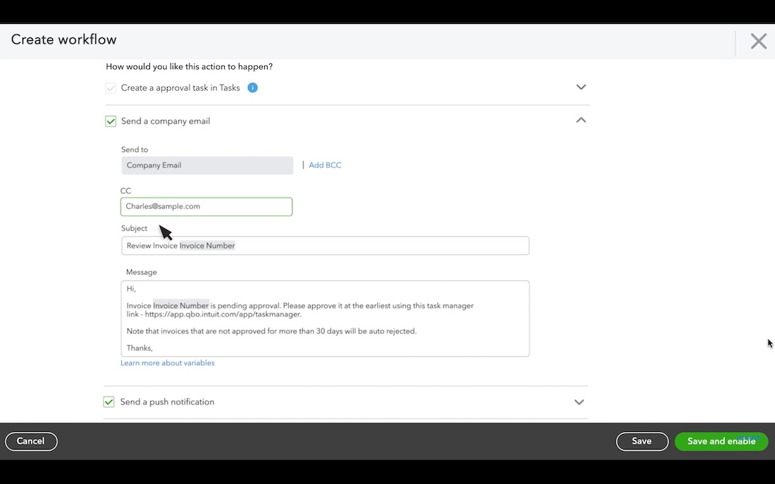 Screenshot of the "trigger" in the QuickBooks approval workflow.