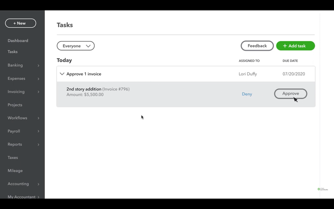 Screenshot of the approve invoice screen in QuickBooks.