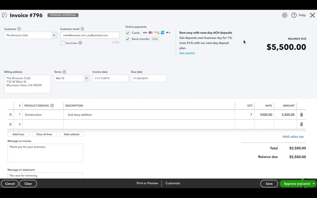 Invoice approval screen in QuickBooks Online