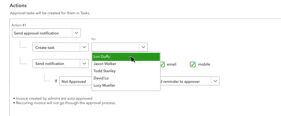 Screenshot showing how to set Approval notifications in QuickBooks Online.