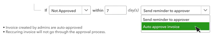 Screen shot showing how to auto-approve invoices in QuickBooks.