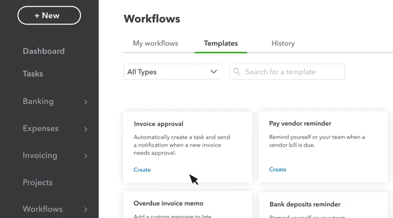Screenshot of the "Templates" tab in the "Workflows" section of QuickBooks.