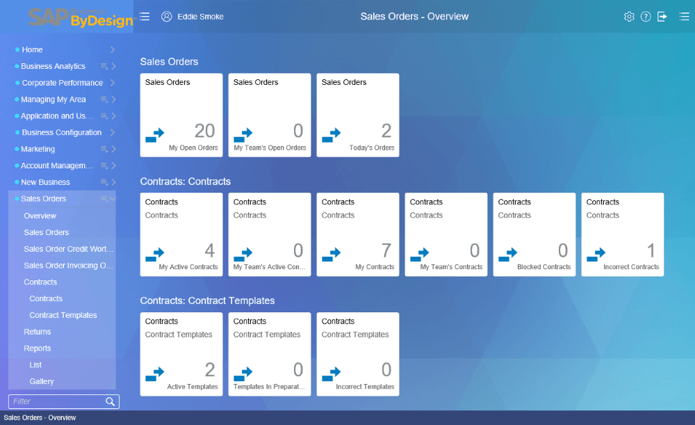 SAPBusinessByDesign dashboard showing navigation menu on dashboard of sales orders and more