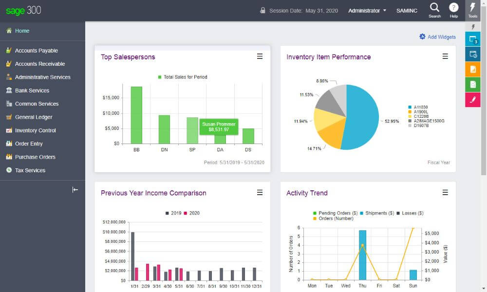 Sage300 product dashboard