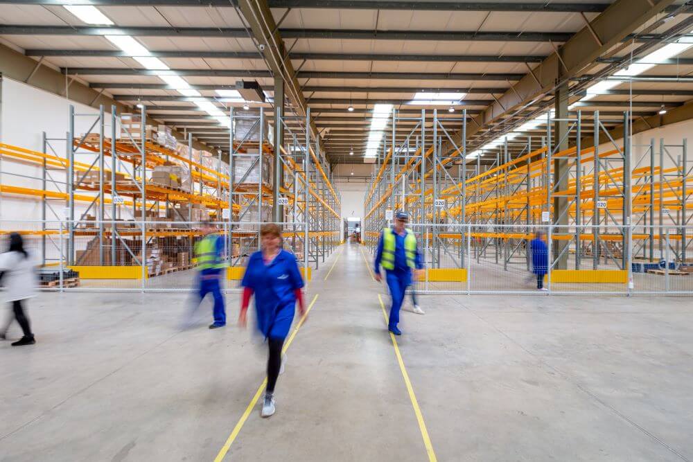 construction workers in blue suits inside a large site.