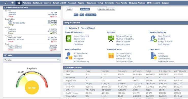 Netsuite oneworld dashboard showing payables, revenue, banking navigations and more. 