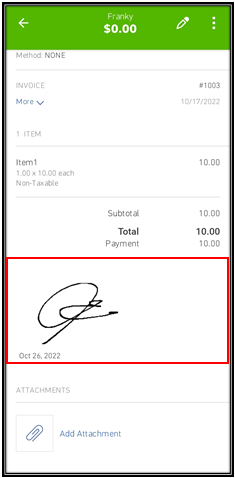 Screenshot of a QuickBooks Online mobile app esignature