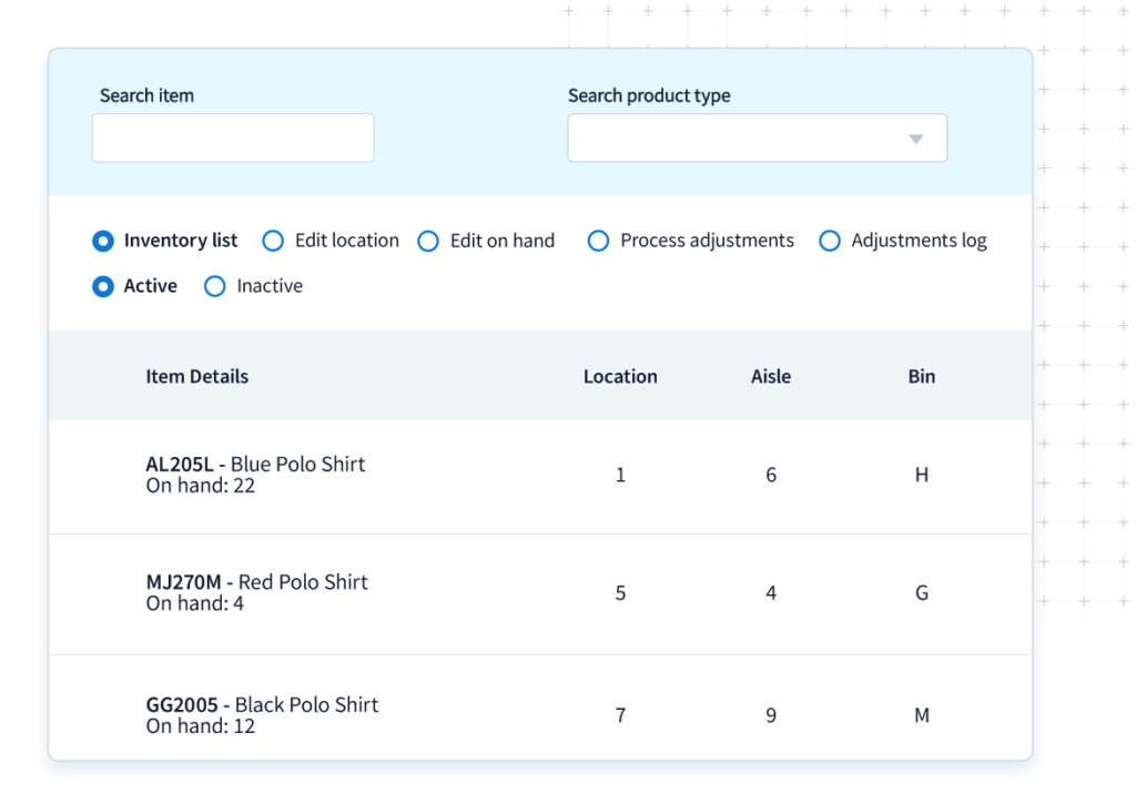 Inventory management screen in Method CRM for manufacturing businesses
