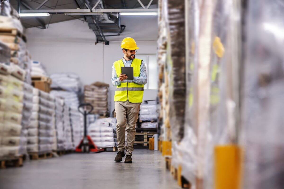 a supervisor wearing a helmet in a warehouse holding a tablet