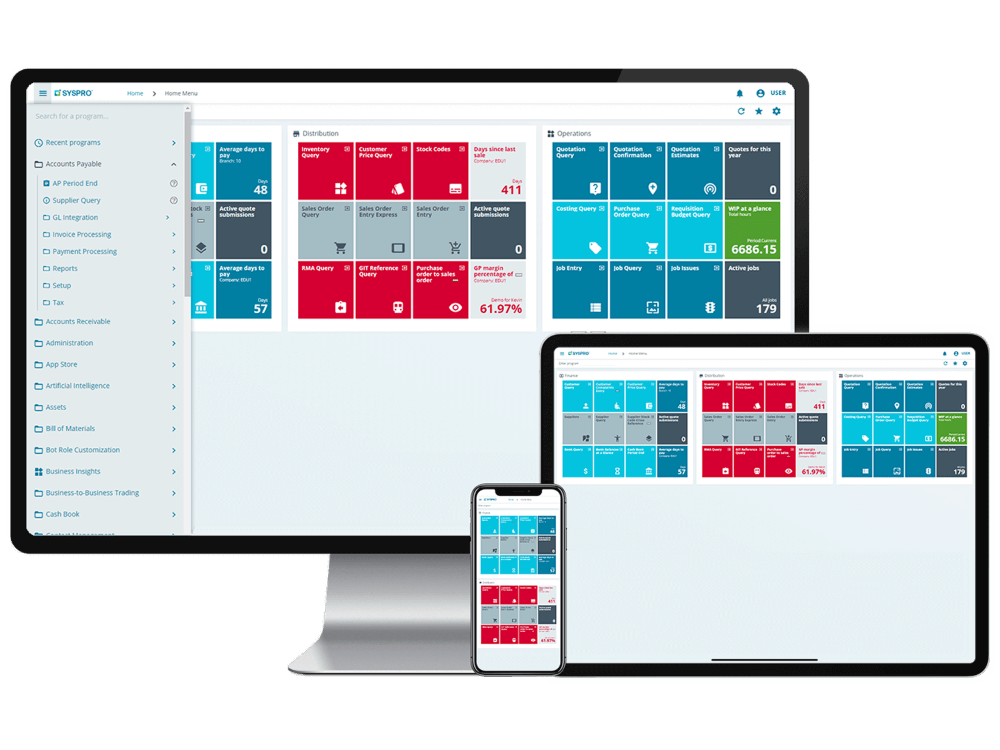 Syspro product dashboard with mobile and tablet mockups