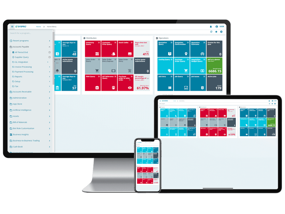 Syspro product dashboard showing functions on tablet and mobile phone.