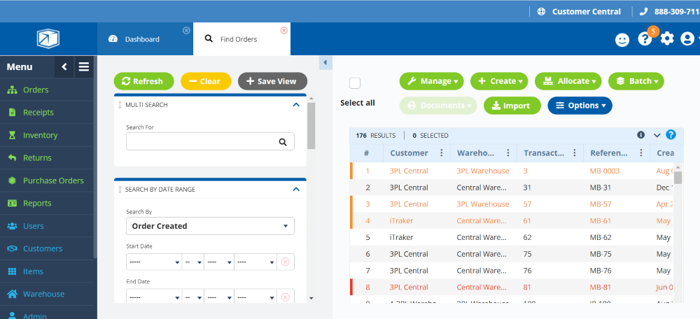 3PL central's product dashboard showig customer's orders including warehouse, transaction and reference details. 