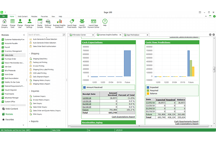 Sage software's product shot showing cash expectations and cash flow predictions in an Excel spreedsheet, with graphs. 