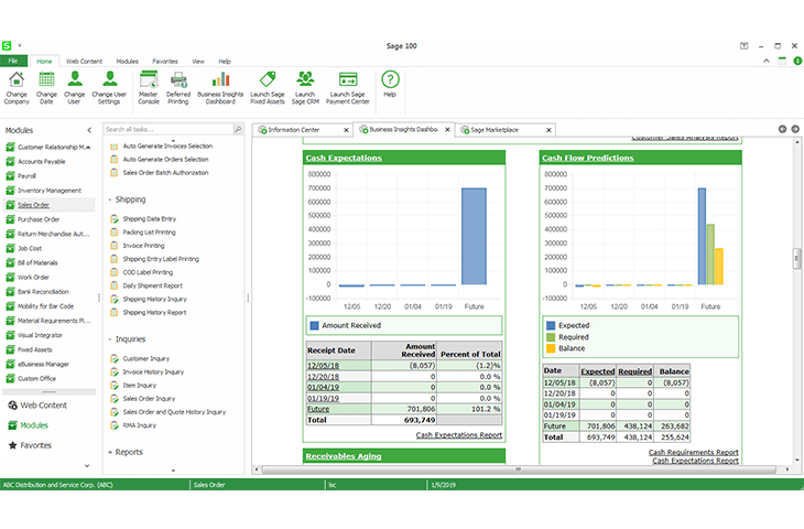 Sage software's product shot showing cash expectations and cash flow predictions in an Excel spreedsheet, with graphs.