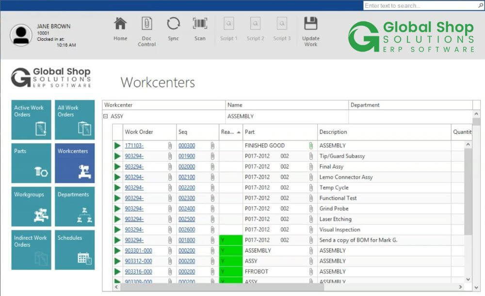 Global Shop solutions product dashboard showing the 'work centers feature'.