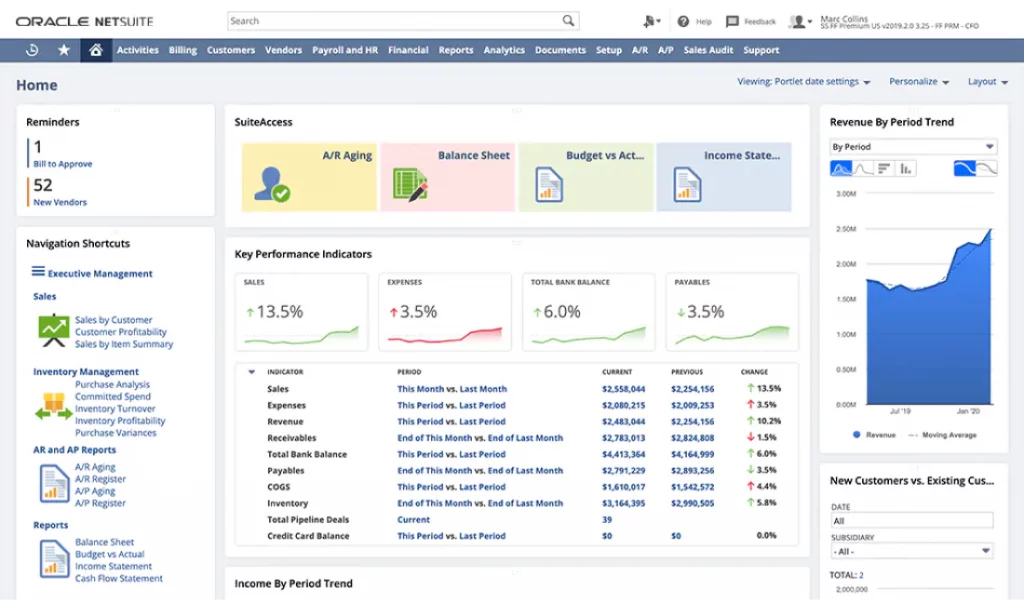 Netsuite product dashboard showing key performance indicators, revenue by period trends and navigation shortcuts. 