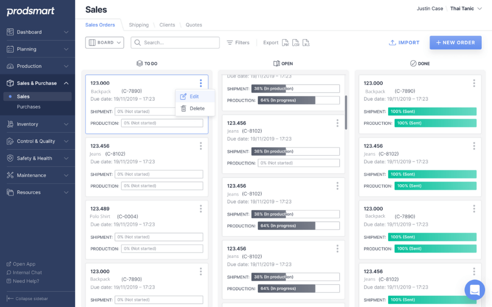 prodsmart product shot showing sales orders dashboard