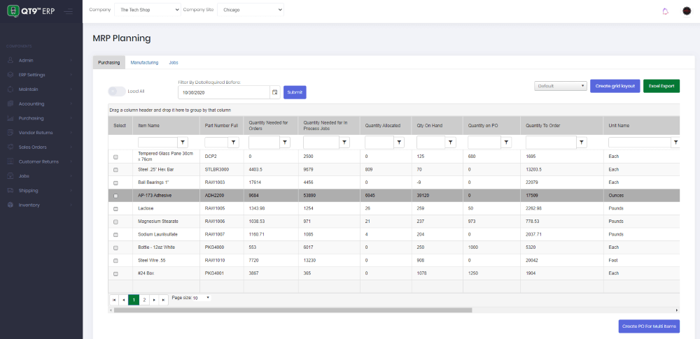 product dashboard of QT9 ERP showing MRP planning in columns and rows