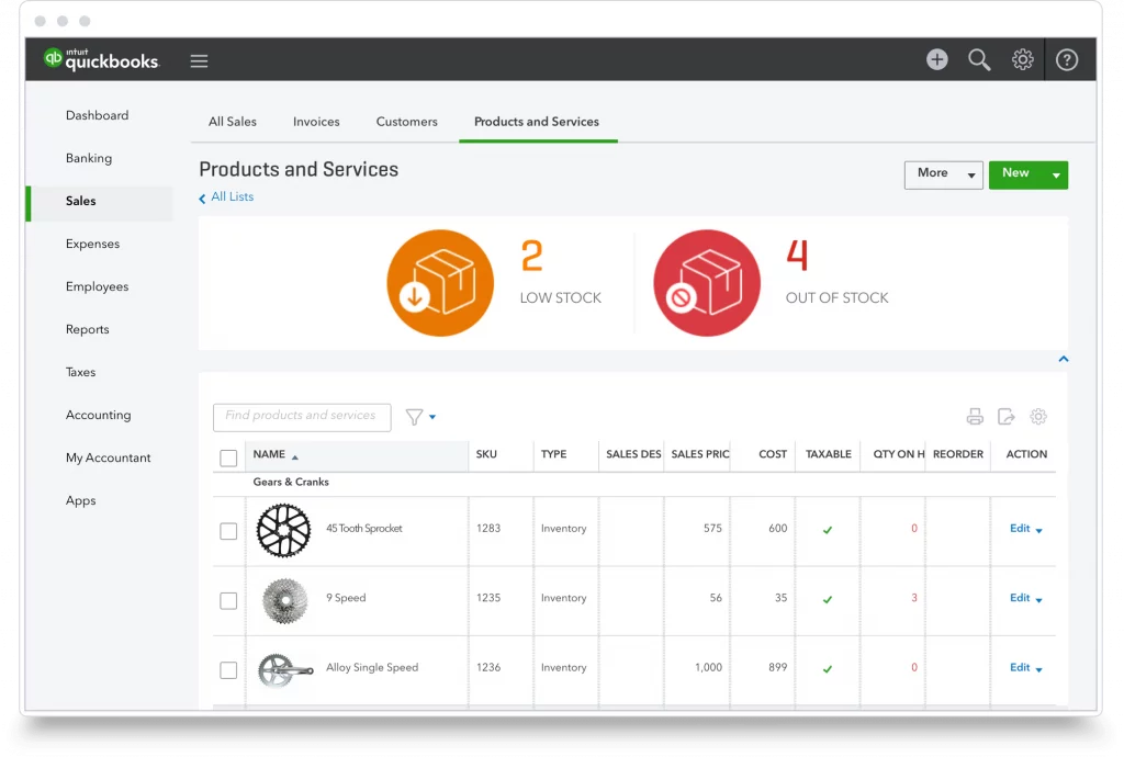 QuickBooks products and services dashboard showing inventory levels of products for a business.