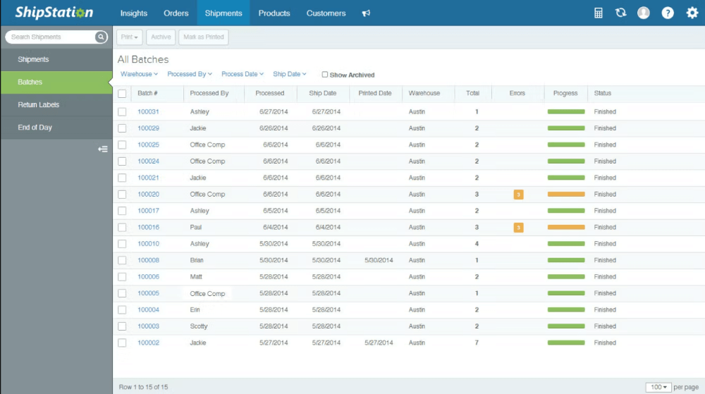 Inventory dashboard on ShipStation showing batch levels, with processing and shipping dates.