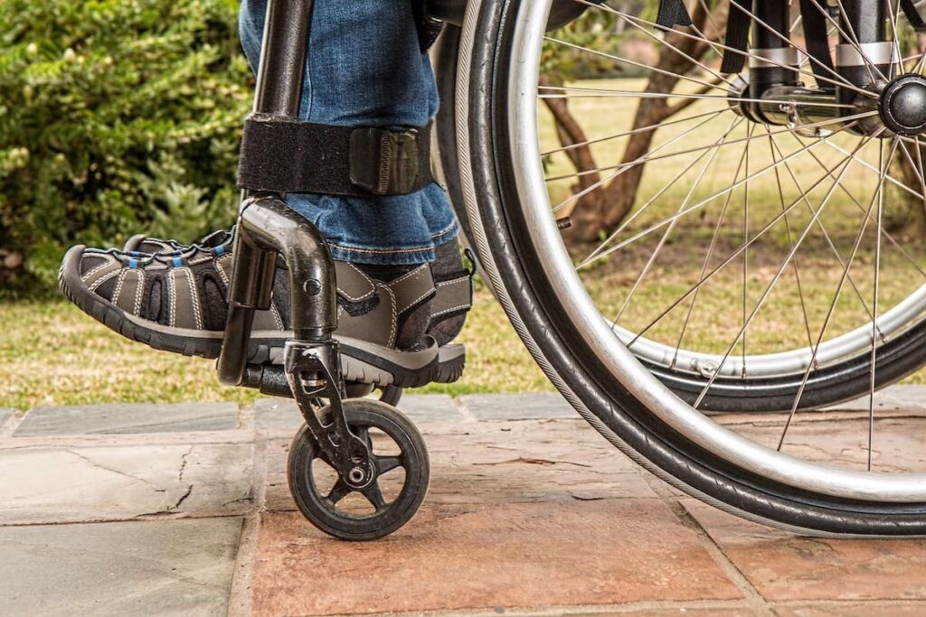 Closeup of man's feet in wheelchair