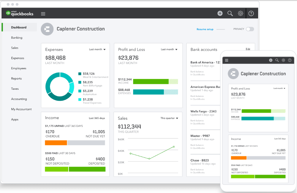 quickbooks product dashboard with graphs and charts displayed on both desktop and mobile versions.