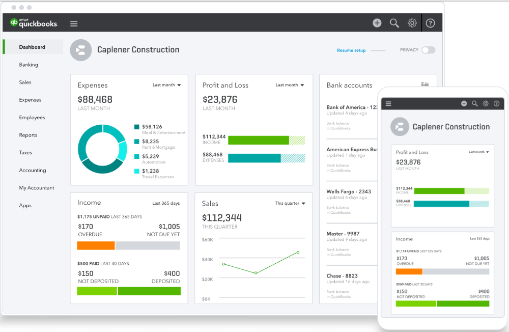 QuickBooks Online dashboard showing the desktop and mobile versions.