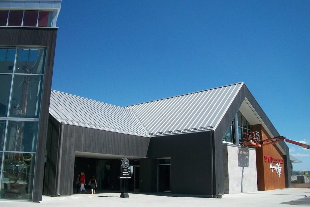 A building with metal roofing.