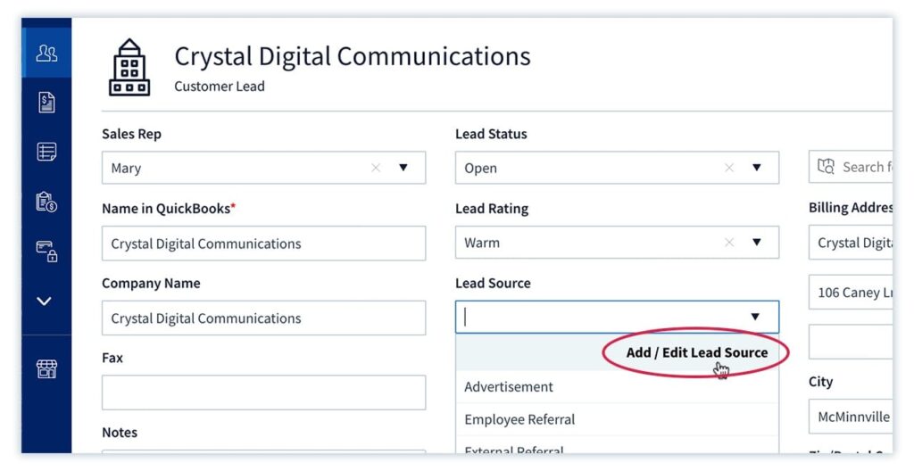 Customer lead screen with the Lead Source dropdown expanded, and Add / Edit Lead Source highlighted.