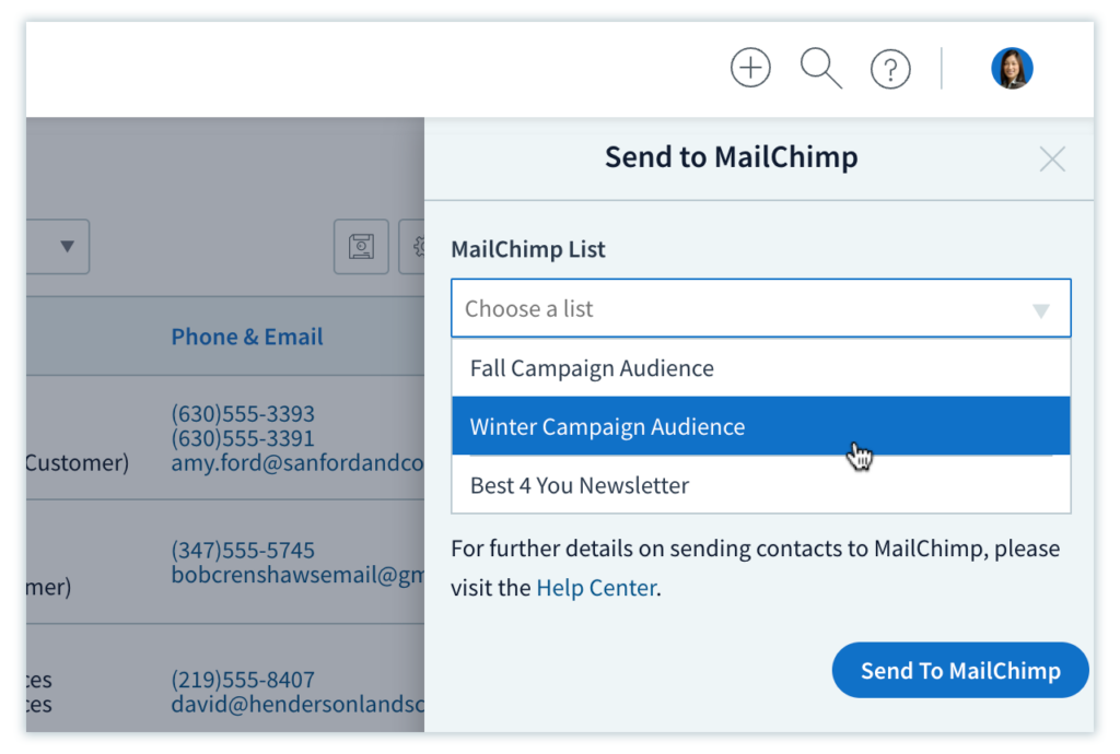 Example of Method:CRM's software integrations with MailChimp.