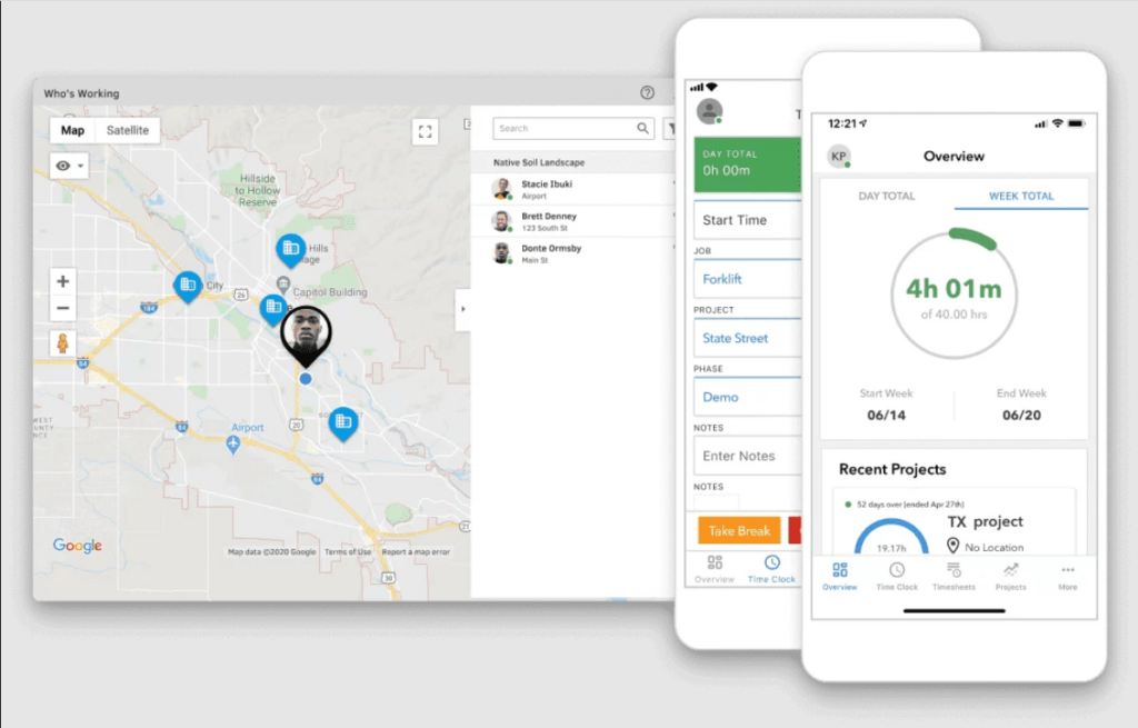 Who's Working schedule overview shown with time tracked in a mobile device and a GPS map shown in the background.