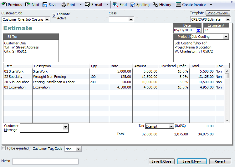 Estimate creation in QuickBooks Contractor software.