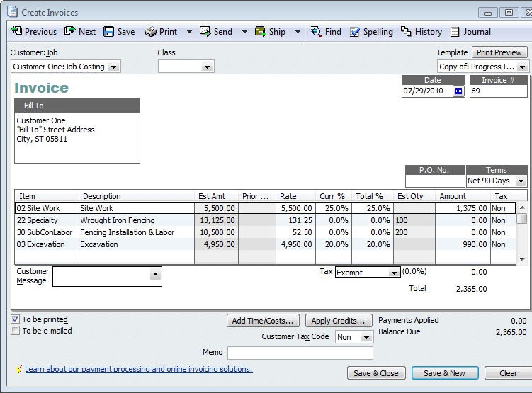 Invoice creation in QuickBooks Contractor Edition