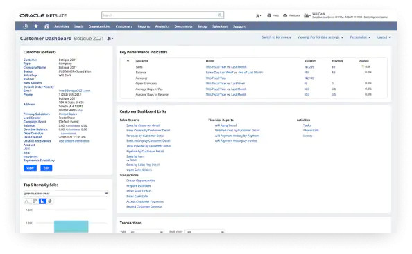 Screenshot of an Oracle NetSuite CRM dashboard.