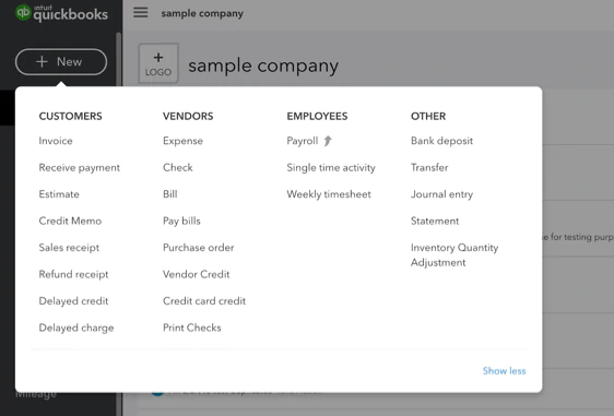 QuickBooks Online dashboard with a drop-down menu after clicking the 'New' button