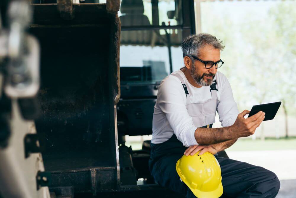 contractor sitting down in his workspace holding a helmet and tablet