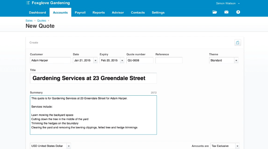 An invoice with service details for gardening services shown on the Xero accounts page.