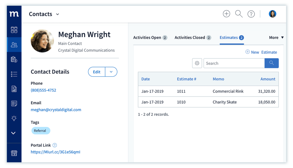 Contact view and with a listing of their estimates in Method CRM.