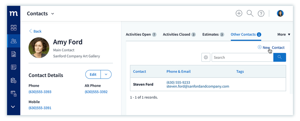 Contact view highlighting the ability to add a new contact in Method:CRM.