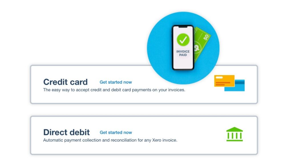 Graphic of a phone screen showing a green checkmark to indicate a paid invoice, including payment options such as debit and credit card