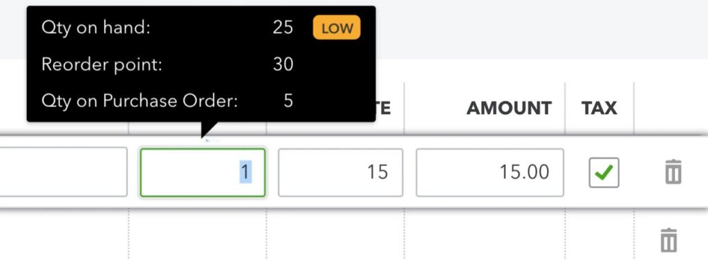 Screenshot of QuickBooks inventory tracker.