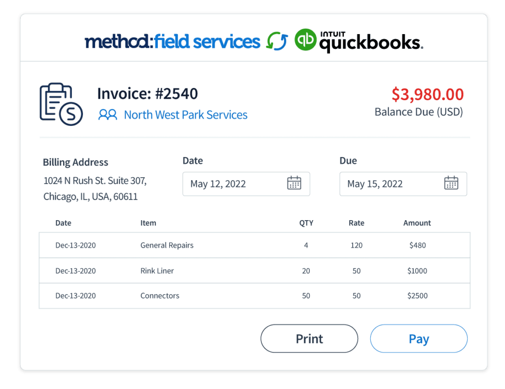 A screenshot of an invoice in Method:Field Services