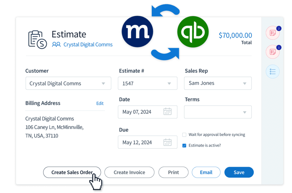 Create a Sales Order from an Estimate in Method and have it sync to QuickBooks