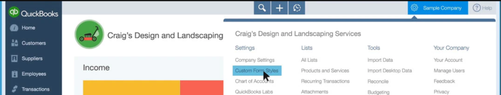 A cursor navigating over custom form styles showing in QuickBooks Online