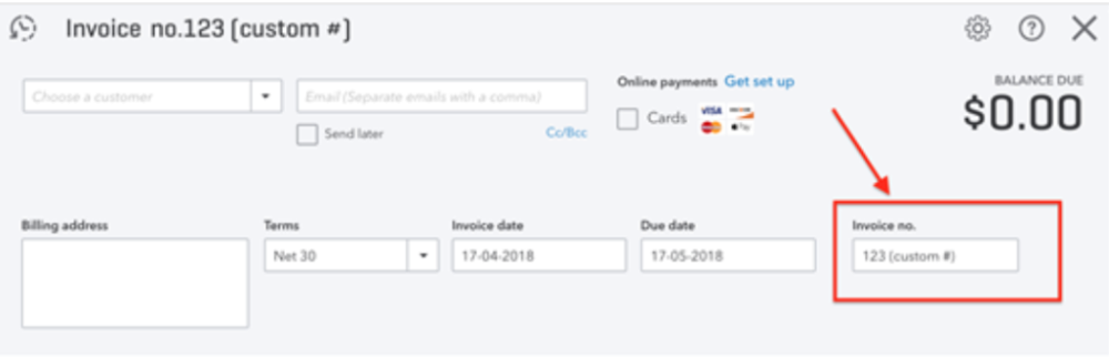 A zoomed in image of a custom invoice with the invoice number highlighted with a red box around it and arrow pointing towards it.