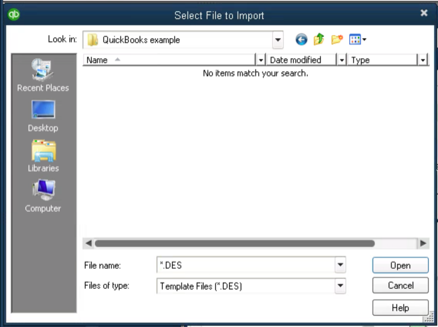 Box that shows file search and selection process for importing including file name and file type to open and import