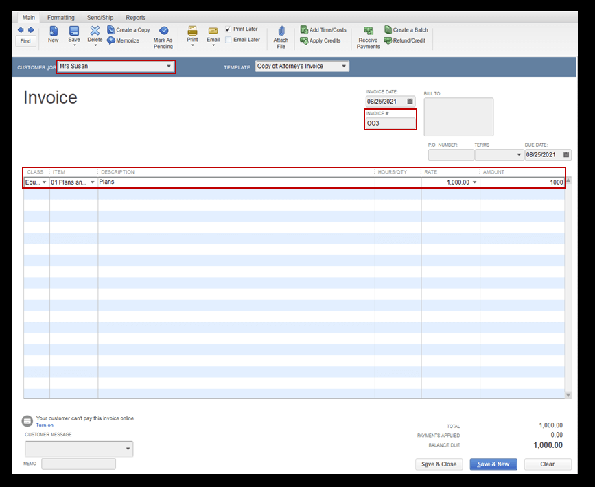 Copy of a template showing invoice number, customer name , description and rate highlighted 